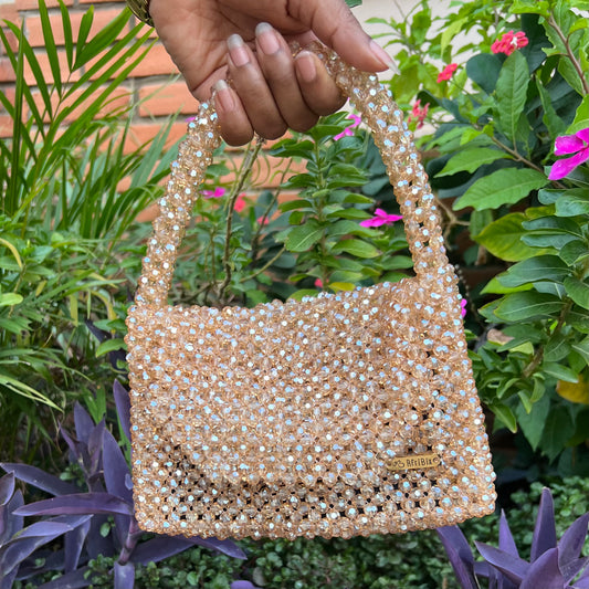 Champagne Gold Glass Crystal Bead Purse Dinner Hand Bag